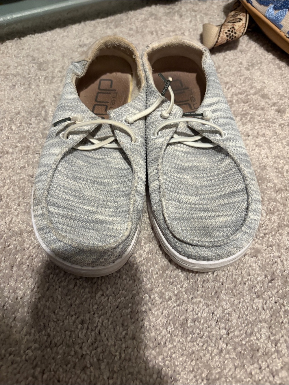 Hey Dude Casual Knit Slip-Ons in Heathered Light Gray and Cream